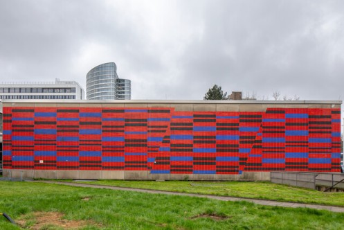 Buntes Langgestrecktes Haus mit Flachdach