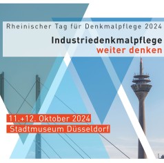 Grafik mit Düsseldorfer Fernsehturm und benachbarter Rheinbrücke samt blauen Dreiecken und Schriftzug "Industriedenkmalpflege weiter denken"