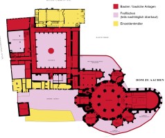 Grundrissplan mit rot markierten Bauten, rosa markierten Freiflächen und gelb markierten Einzeldenkmälern