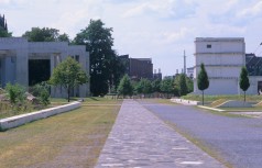 Baumbestandenes Gelände mit gepflastertem Weg, weißen Mauern und skulpturartigen Gebäuderesten