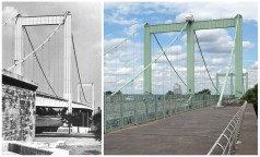links Schwarzweißfoto mit Brücke, rechts Farbfoto mit gedoppelter Brücke