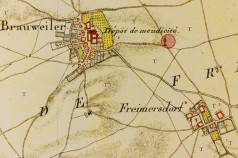 Ausschnitt einer alten Karte mit den zwei eingezeichneten Orten Brauweiler und Freimersdorf
