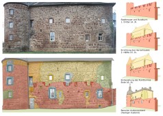 Foto und Zeichnung der Fassade des Bewershofes mit farbiger Skizzierung der verschiedenen Bauphasen sowie Modellskizzen dieser Bauphasen vom 14. Jahrhundert bis heute