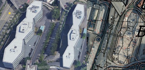 Montage aus drei nebeneinandergestellten Luftbildaufnahmen, von denen zwei die wabenartige Struktur eines langgestreckten Gebäudes zeigen, die dritte einen freigeräumten Bauplatz