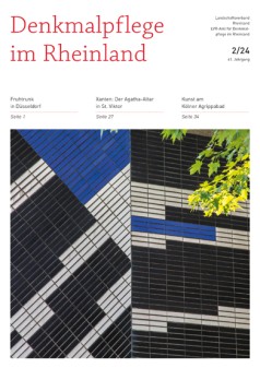 Titelbild der "Denkmalpflege im Rheinland" mit Detailansicht der Fliesen des Düsseldorfer Audimax in Schwarz, Weiß und Blau