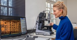 Person beim Mikroskopieren einer Holzprobe